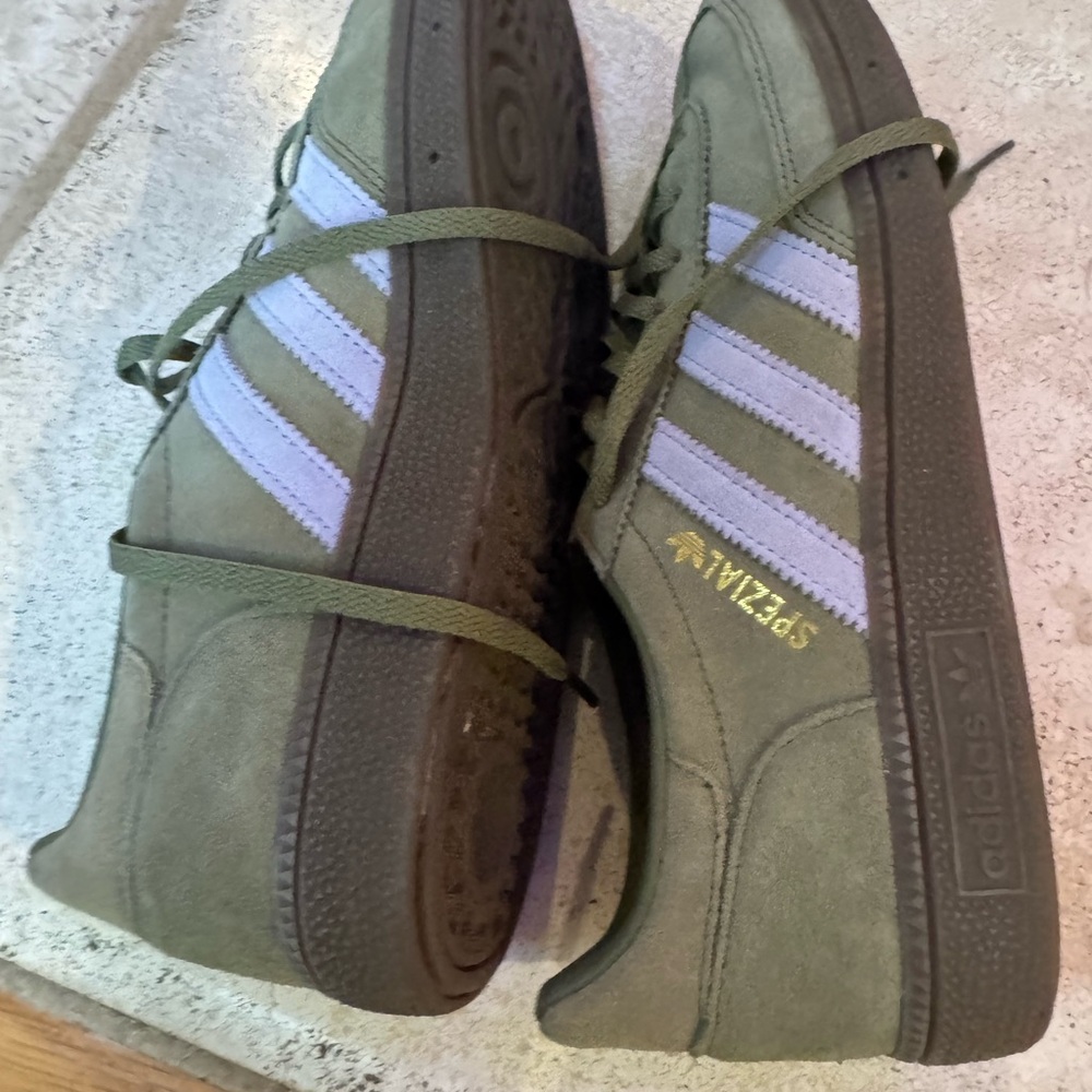 adidas Olive Green Suede Sneakers with Lavender Stripes